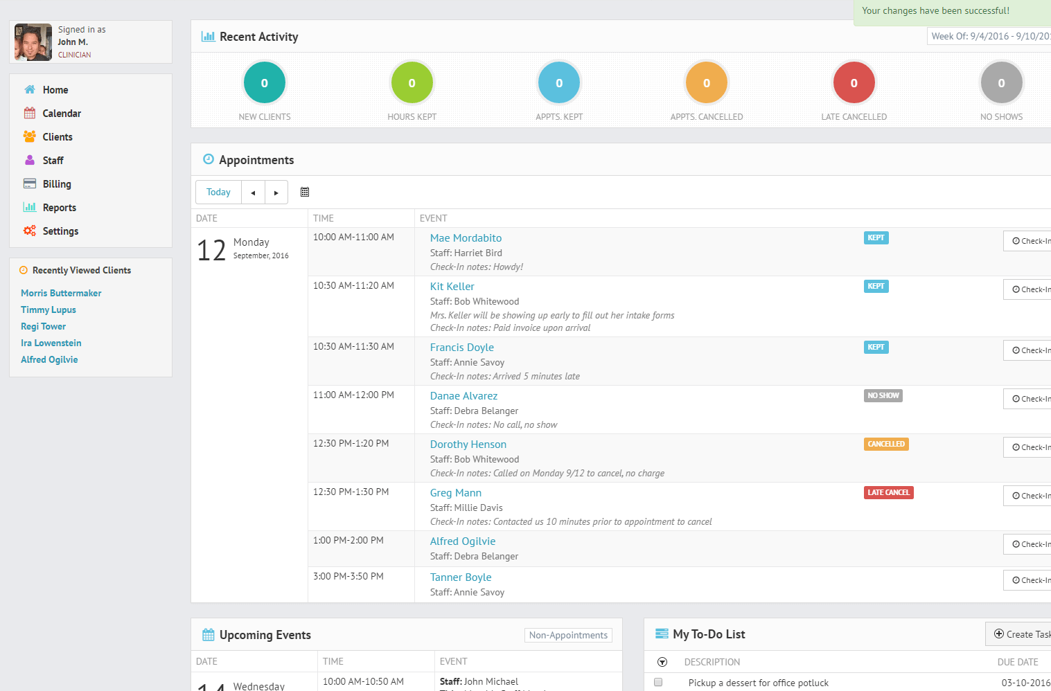 The TherapyZen dashboard provides your daily snapshot of practice activities