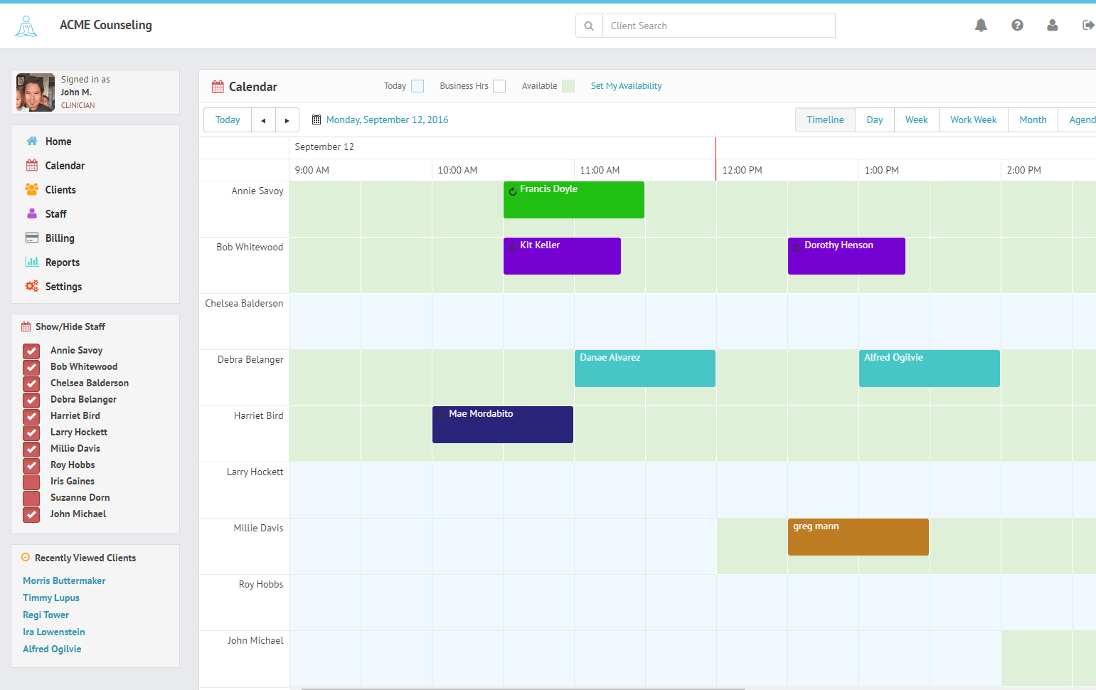 The TherapyZen calendar provides different views based on your role or the size of your practice