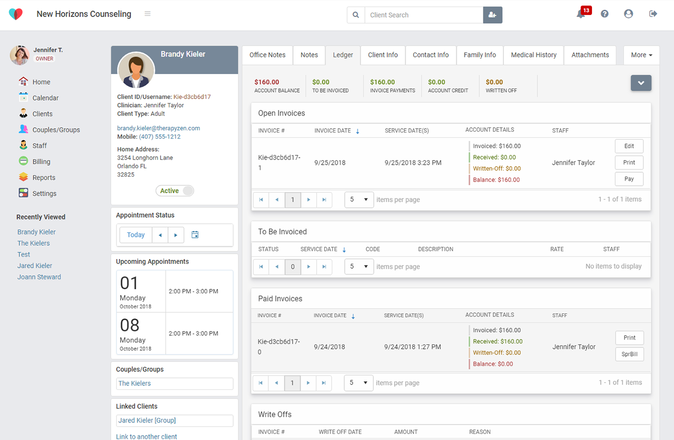 The TherapyZen client ledger makes invoicing simpler than ever