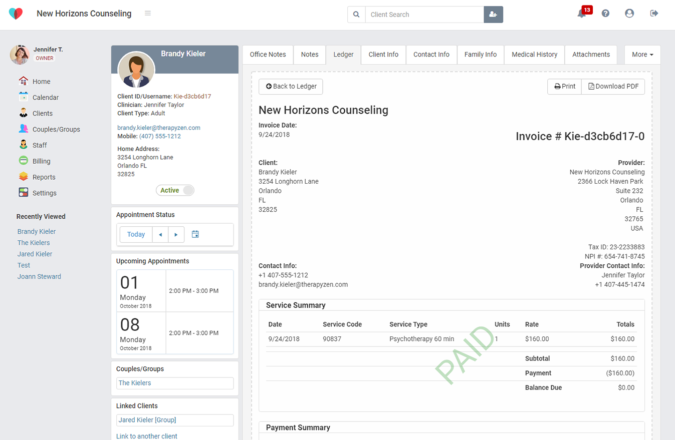 TherapyZen's client ledger for payment processing in TherapyZen