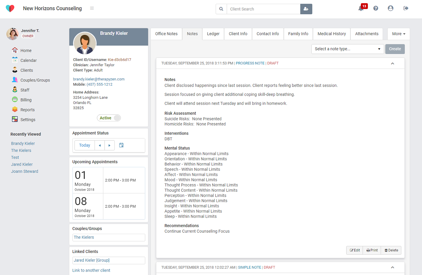 The TherapyZen calendar provides different views based on your role or the size of your practice