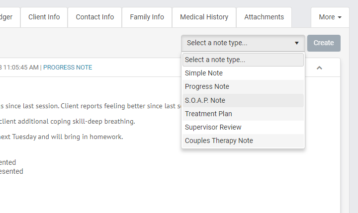 Easily select what type of therapy note you want to create in TherapyZen