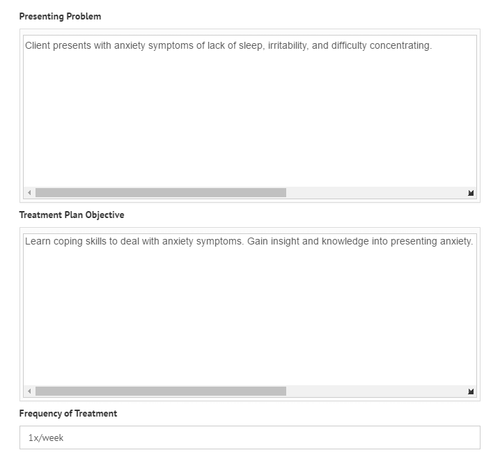 Easily add your presenting problems and objectives when creating your treatment plan in TherapyZen
