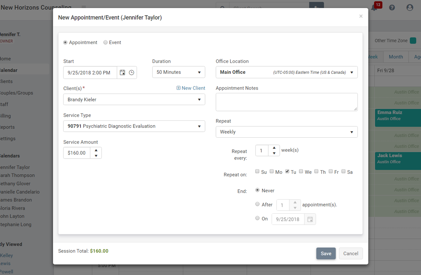 Easy appointment scheduling with the new appointment form in TherapyZen