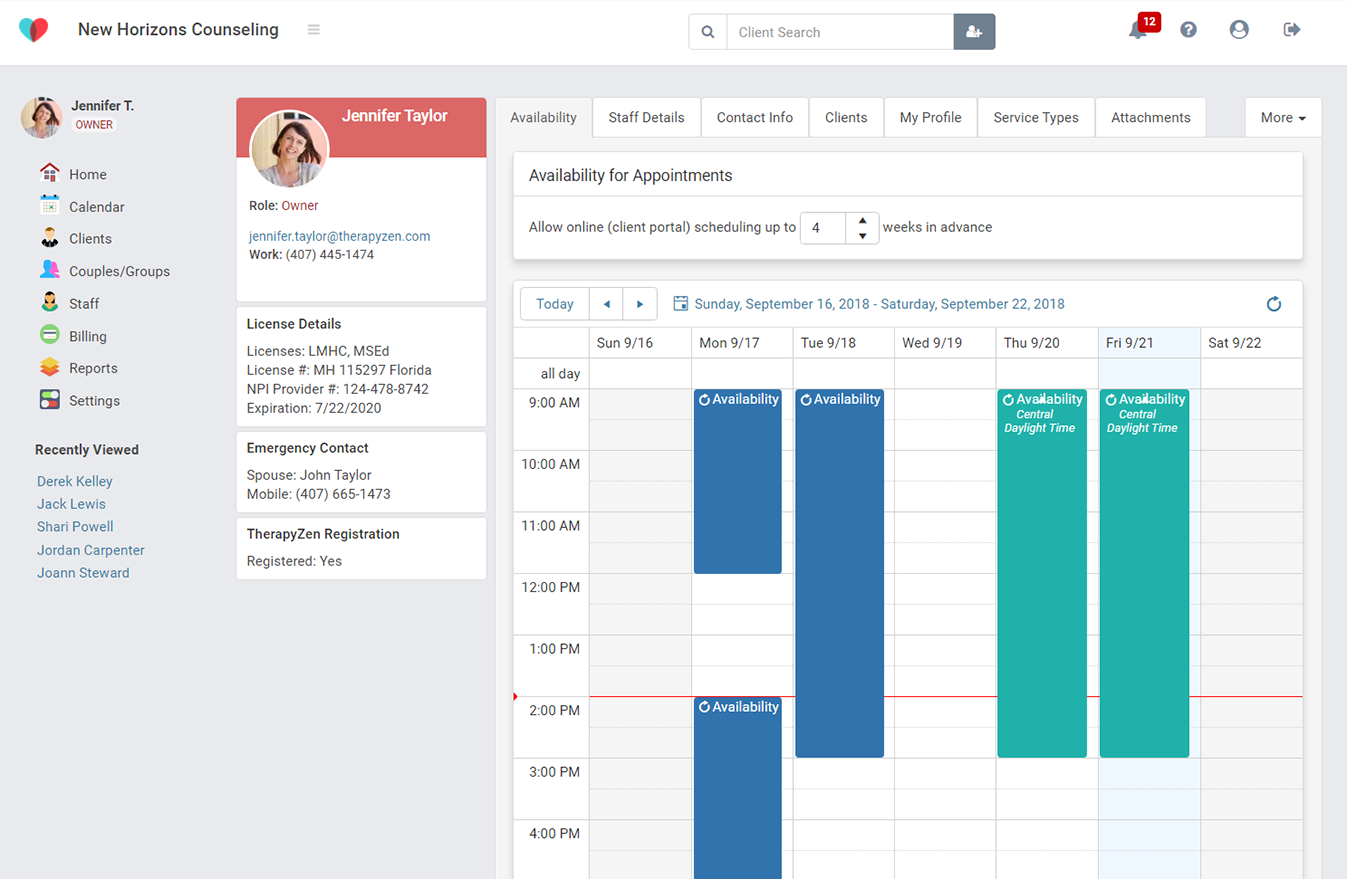 Set your availability for appointment scheduling in TherapyZen