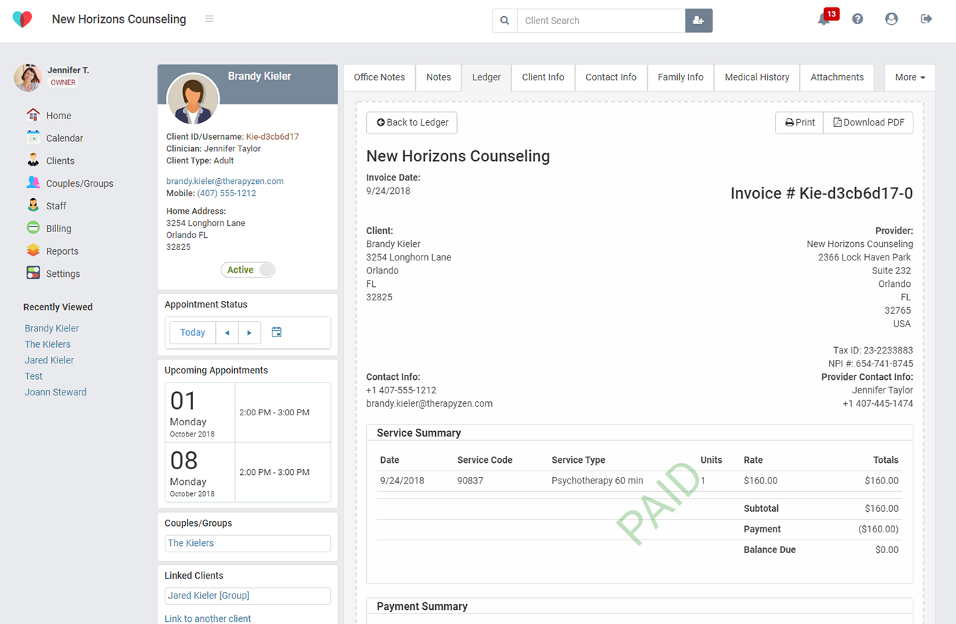 Easily view all your open invoices using the client ledger in therapyzen