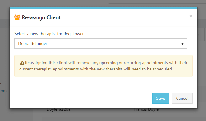 Easily reassign clients to clinicians in TherapyZen