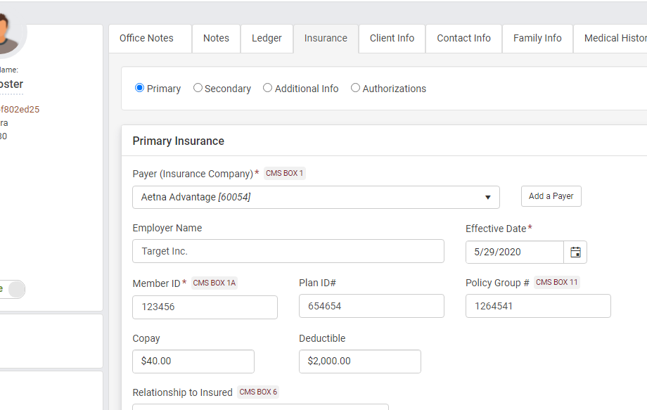 Client insurance information collection in therapyzen