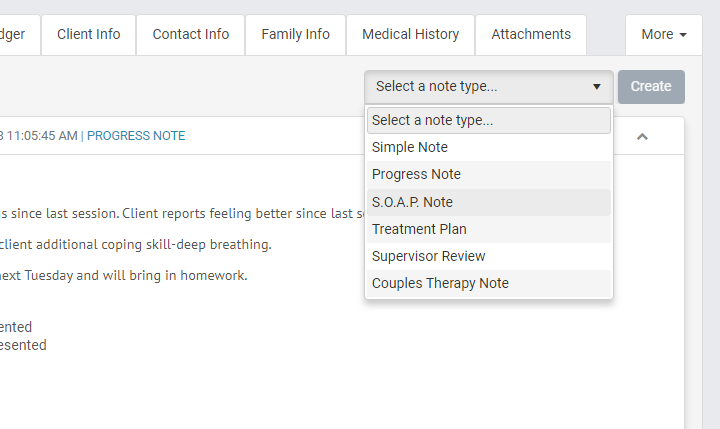 Easily select what type of therapy note you want to create in therapyzen