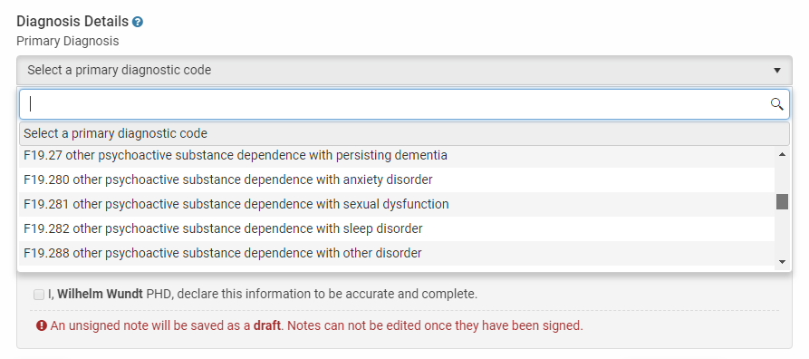 Insert DSM and IDC diagnosis codes when creating a treatment plan in therapyzen
